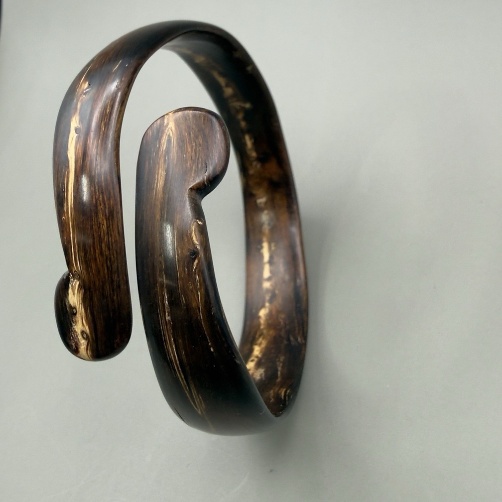 Vintage Faux Wood Grain Wrap Cuff Bracelet Brown Resin Plastic Snake Wrap